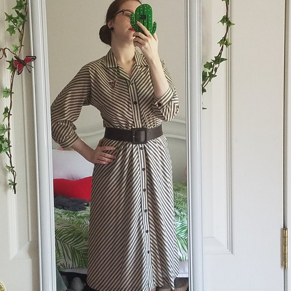 Vintage Cathy Sue Grey Striped Dress